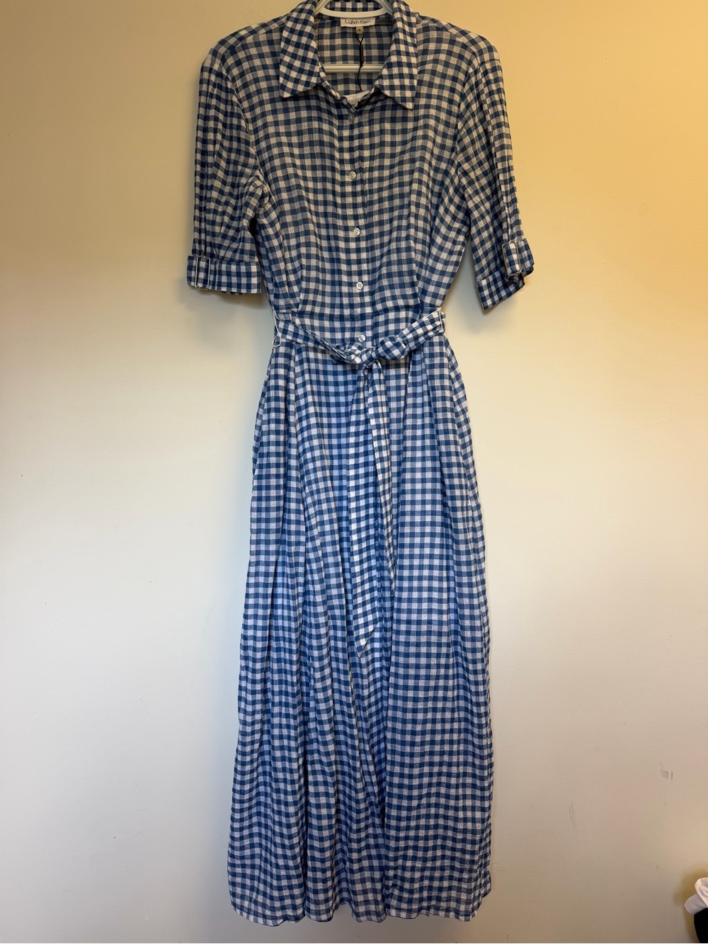 Calvin Klein Blue White Gingham Maxi Button sShirt Dress with Tie Waist Size 8 - Picture 5 of 16